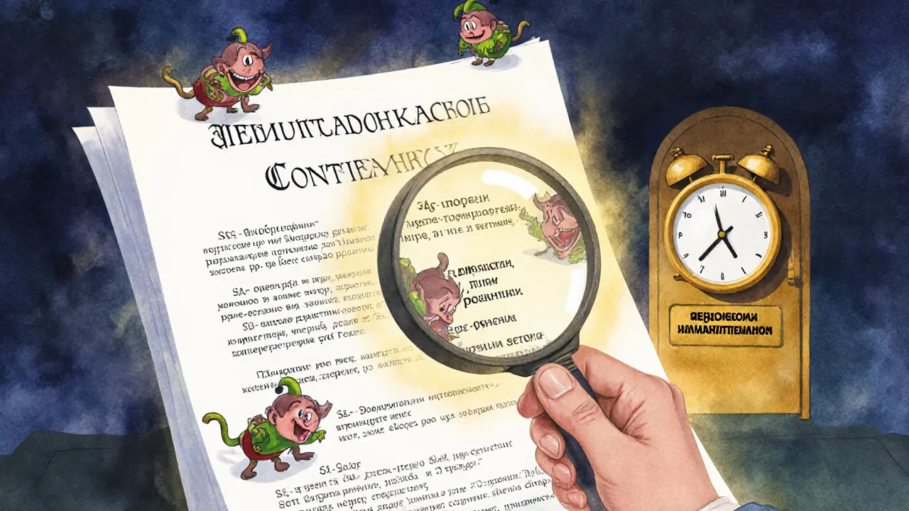 Человек с лупой разглядывает кредитный договор, из которого выползают скрытые комиссии в виде мелких гоблинов.