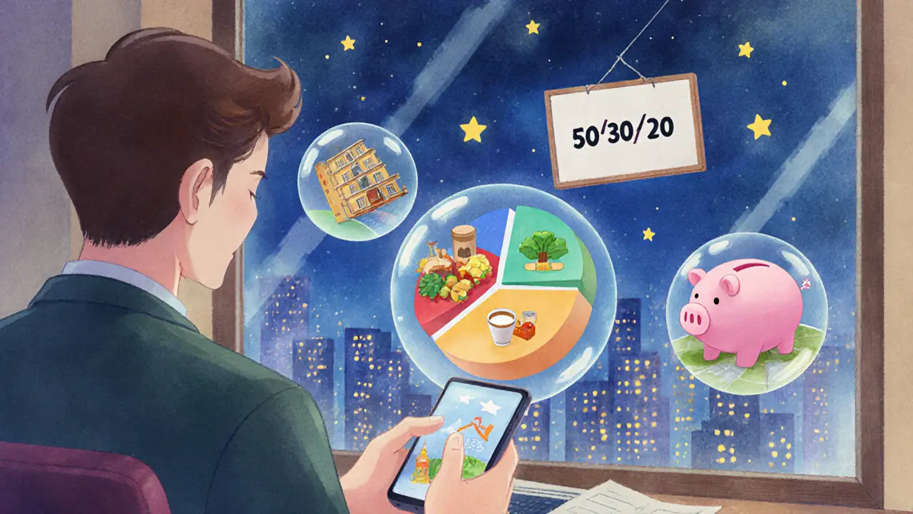 Человек смотрит на телефон с анимированной диаграммой бюджета.