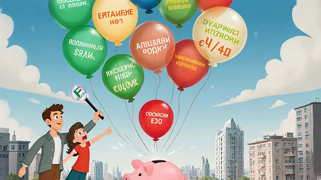 Плавающие бюджетные категории в виде воздушных шаров, красные — перерасход, зелёные — сбережения, дом-копилка внизу.