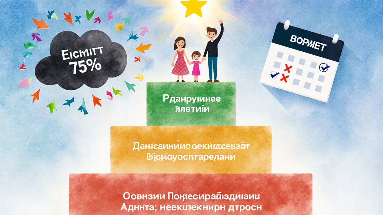 Семья на пирамиде бюджета под сияющей звездой &#039;Лимит 75%&#039;, тёмное облако перерасхода уходит.