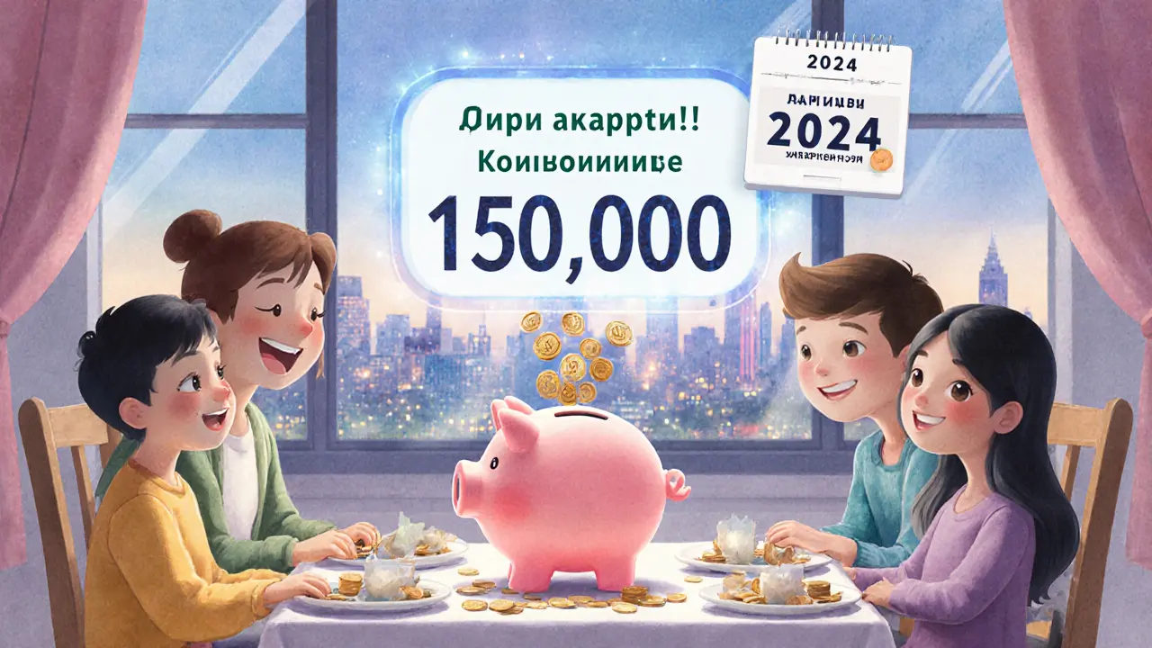 Семья ужинает, над ними — экран с экономией, копилка наполняется деньгами.