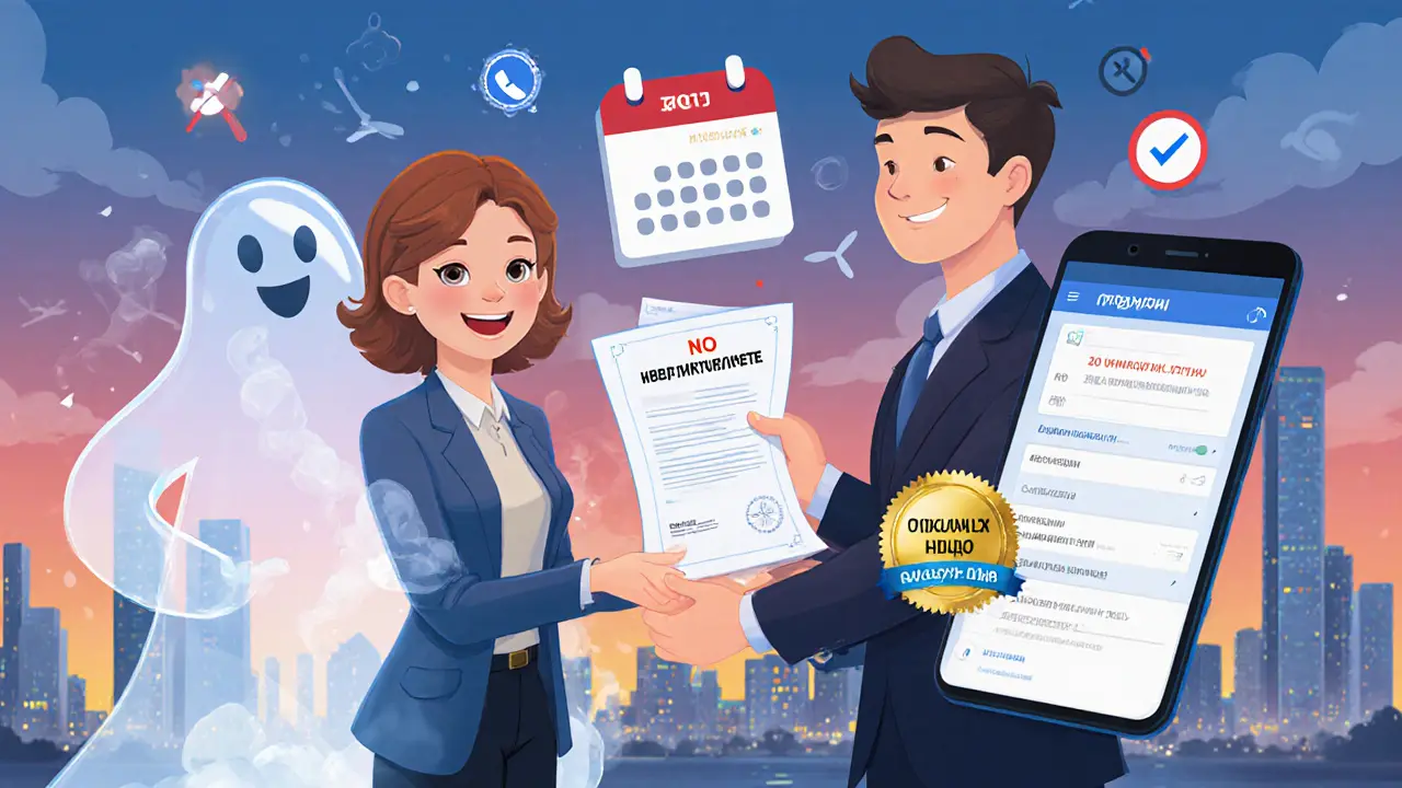 Женщина получает справку об отсутствии долга, а призрачный долг исчезает в дыму.