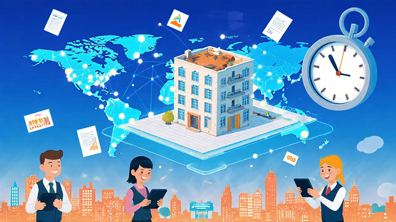 Цифровая карта города с точками продаж и оценщиками, анализирующими данные квартиры.