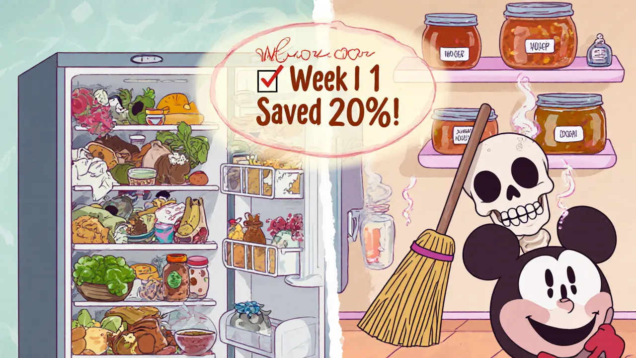 Преображение беспорядочного холодильника в упорядоченную кладовую с едой.