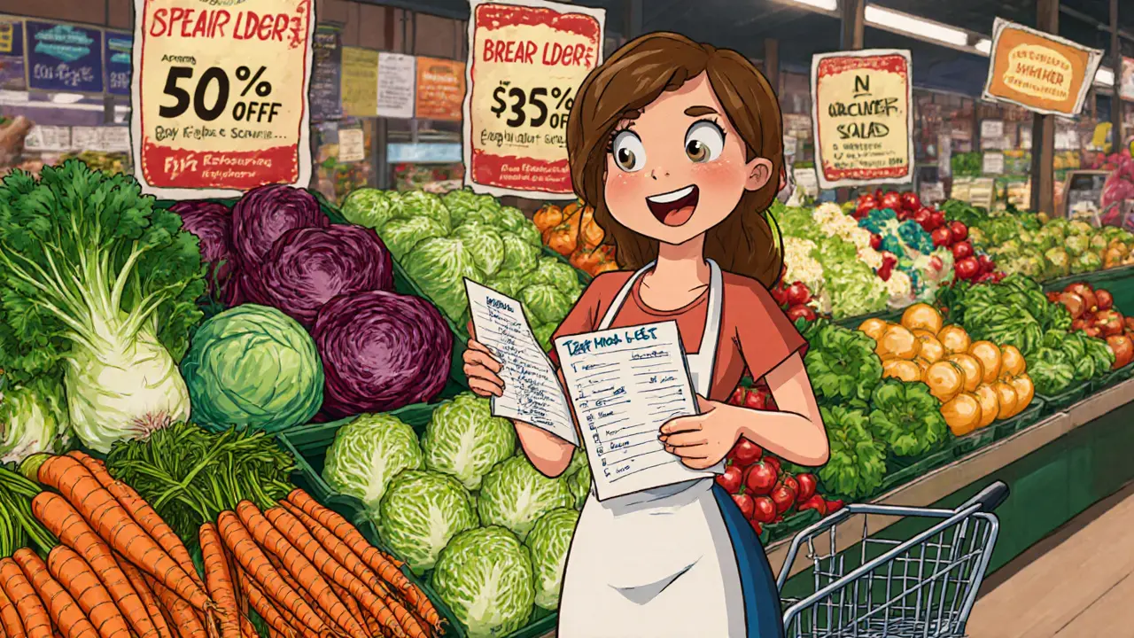 Женщина покупает сезонные овощи на рынке, игнорируя дорогие готовые салаты.