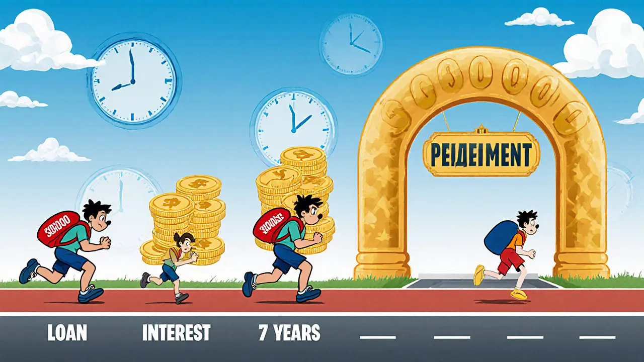 Человек бежит марафон кредита: на 3 года — свобода, на 7 — усталость и долг.