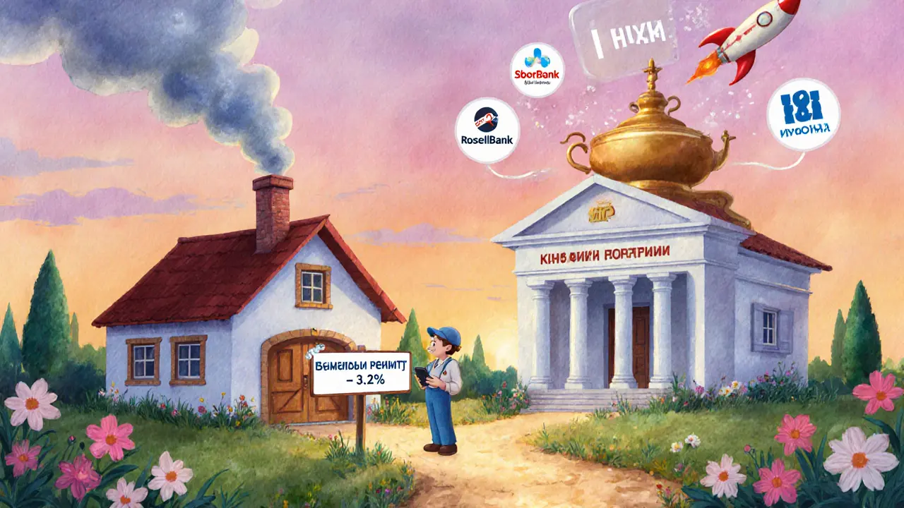 Дом в деревне получает кредит под 3,25% через смартфон, рядом — сказочный банк в виде самовара.