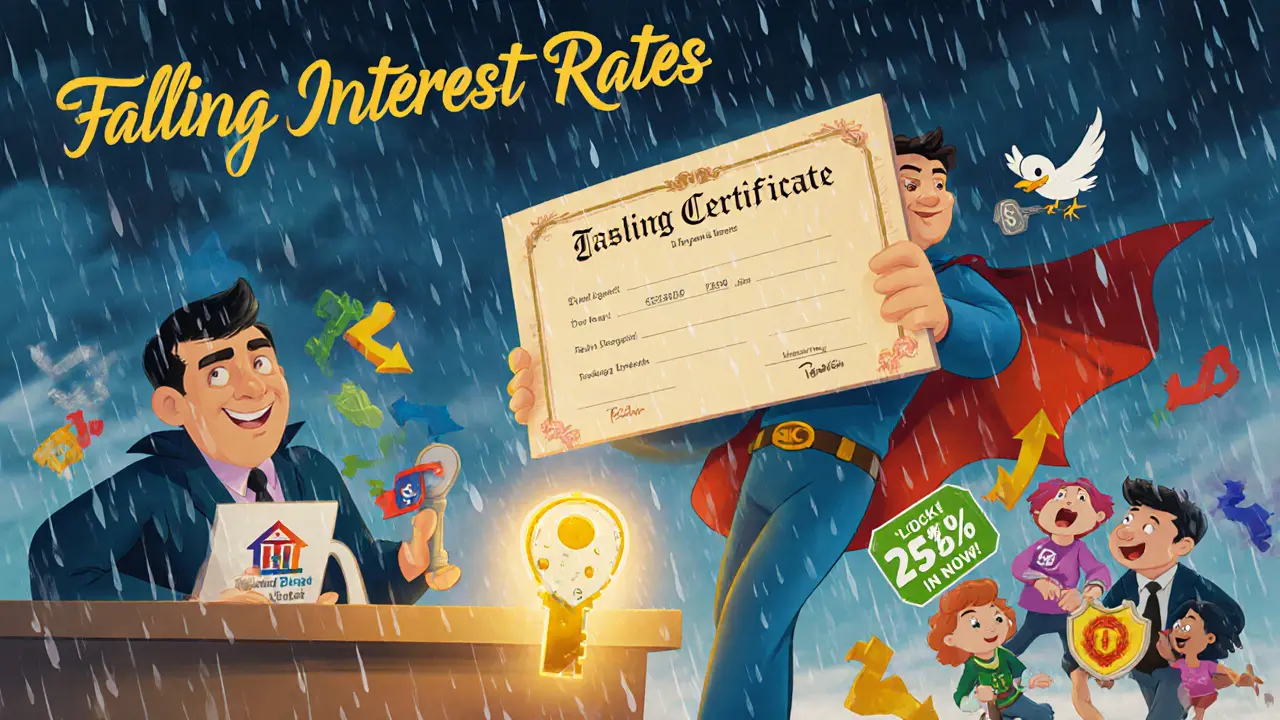 Мужчина держит депозитный сертификат под дождем из падающих процентных ставок, банк предлагает ключ.