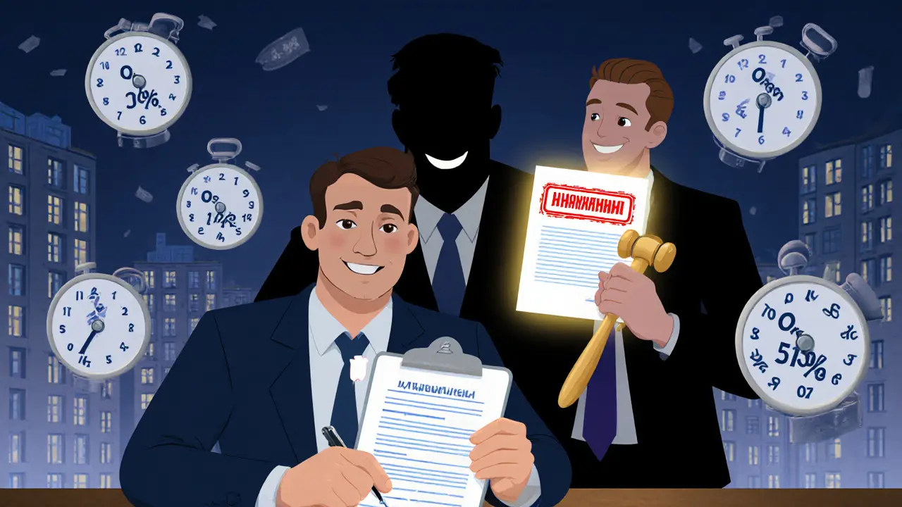 Мужчина подписывает кредит, но скрытая страховка отклоняется красной печатью &#039;Отказаться&#039;.