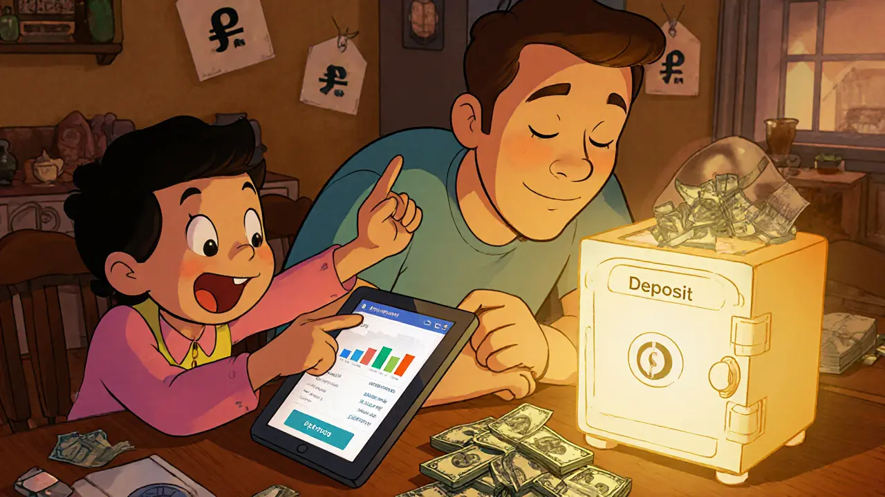 Семья смотрит на банковское приложение, переводя деньги с карты на вклад.