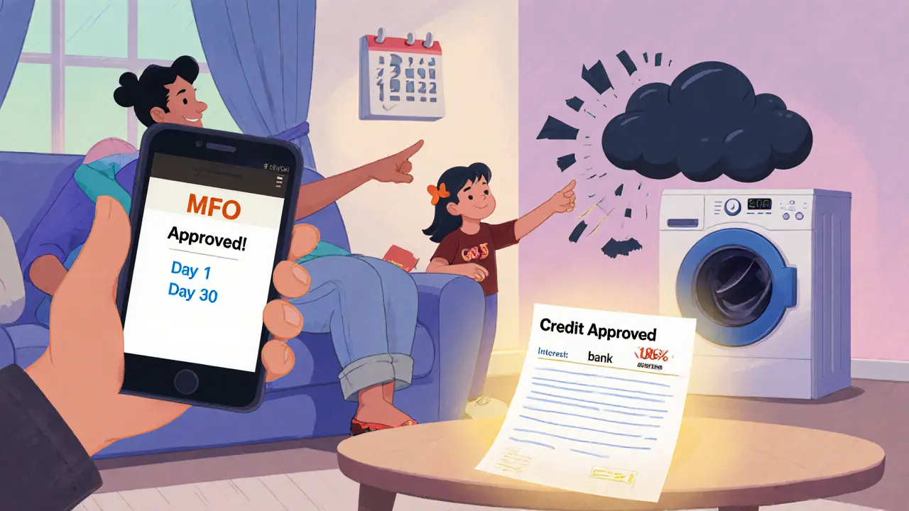 Семья смотрит на телефон с одобренным микрозаймом, а на столе лежит письмо от банка