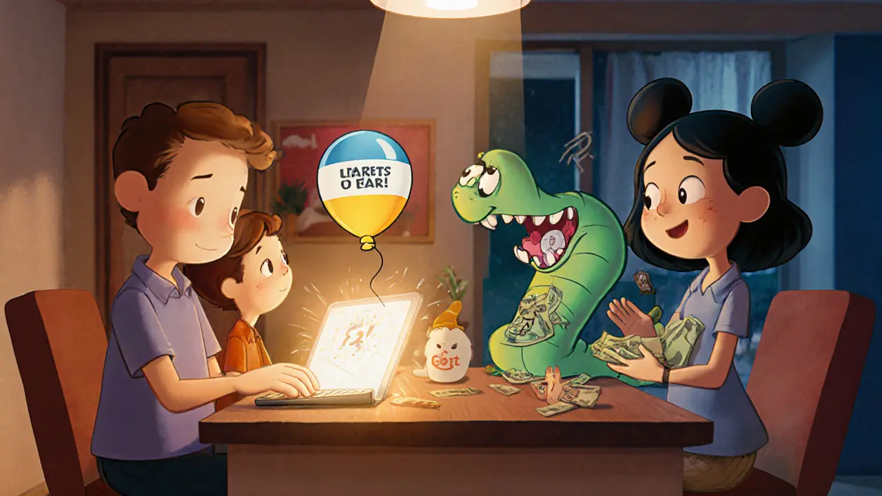 Семья сравнивает кредиты на планшете: один вариант — свобода, другой — долг-червь.