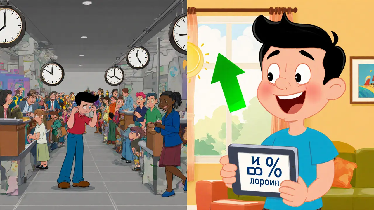 Сравнение: человек в очереди в банке слева и тот же человек с улыбкой на диване справа с планшетом.