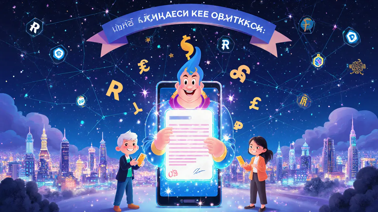 Волшебный джинн из смартфона открывает вклады для разных людей, вокруг — светящиеся города и рубли.