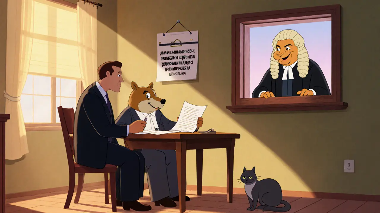 Заемщик и адвокат-барсук разбирают документы, судья одобряет, в мультяшном стиле