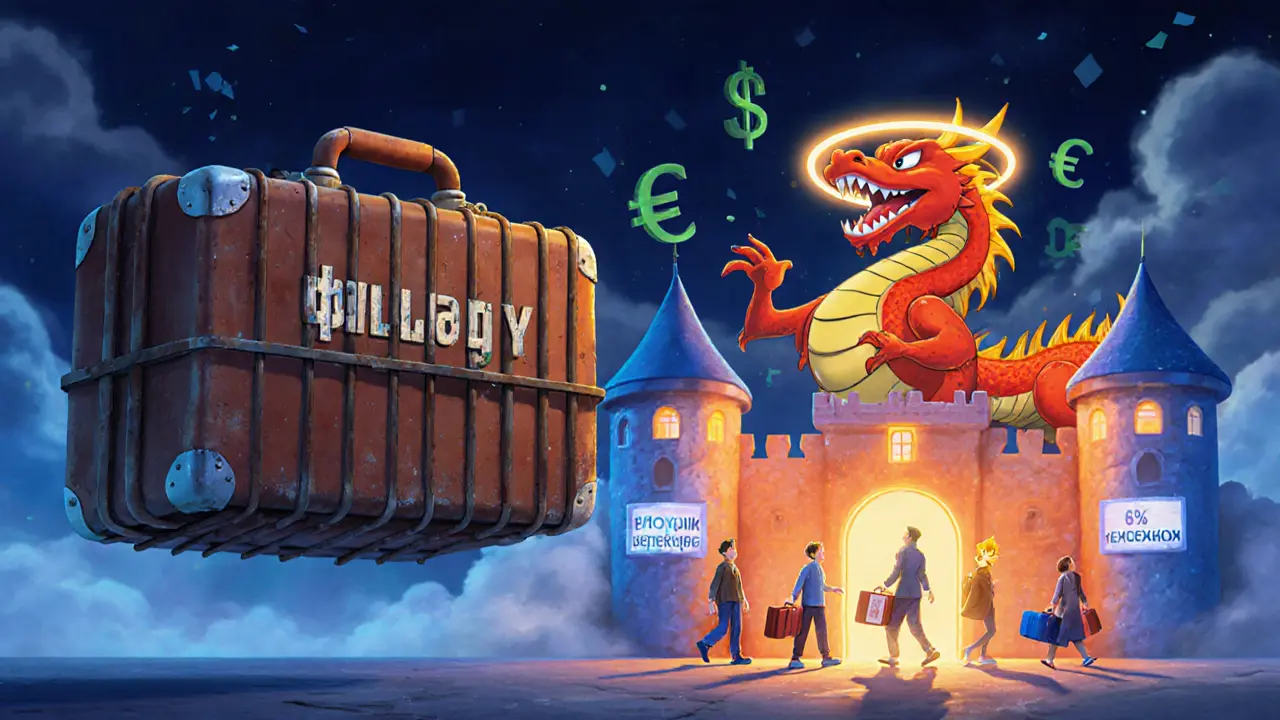 Запертый чемодан с долларами, рядом — летающий юань и рублёвый замок