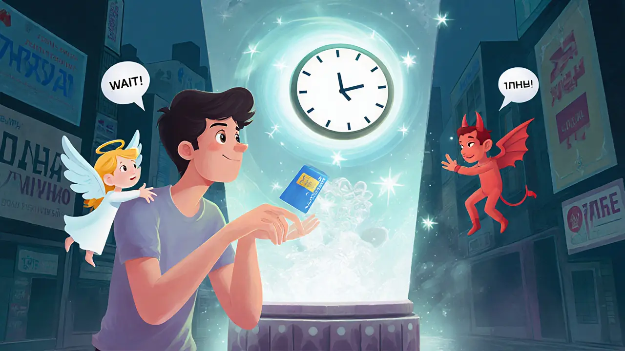 Человек колеблется перед подписанием кредита, над головой — таймер охлаждения и волшебный портал с деньгами.