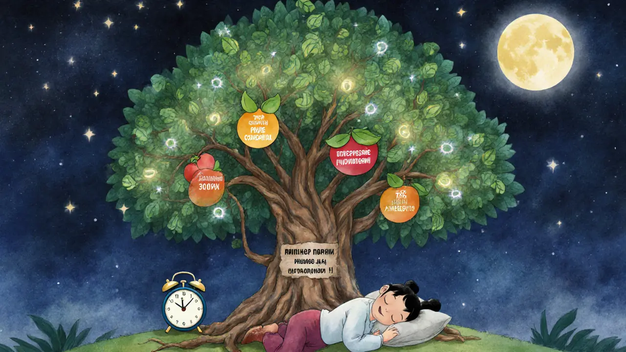 Человек спит рядом с деревом, растущим от инвестиций, с фруктами, обозначающими доходность и свободу.