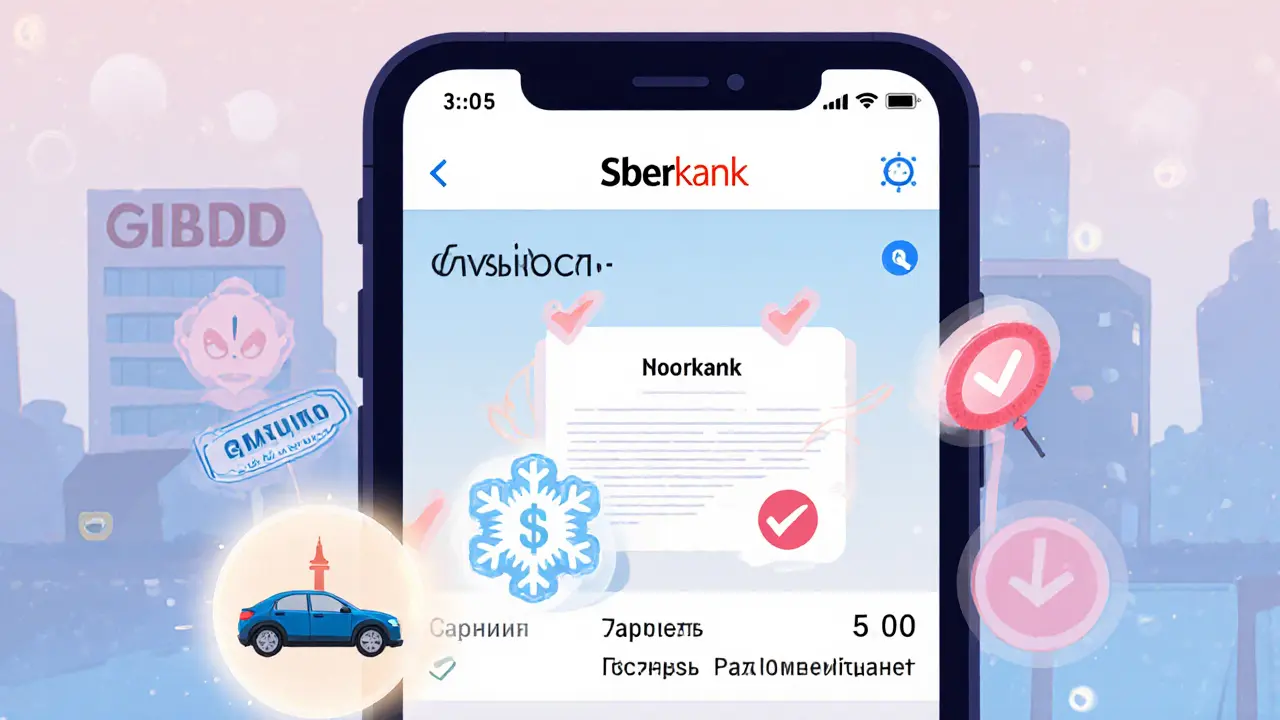 Экран телефона с подписанным договором и заблокированными деньгами, рядом — логотип Сбербанка.