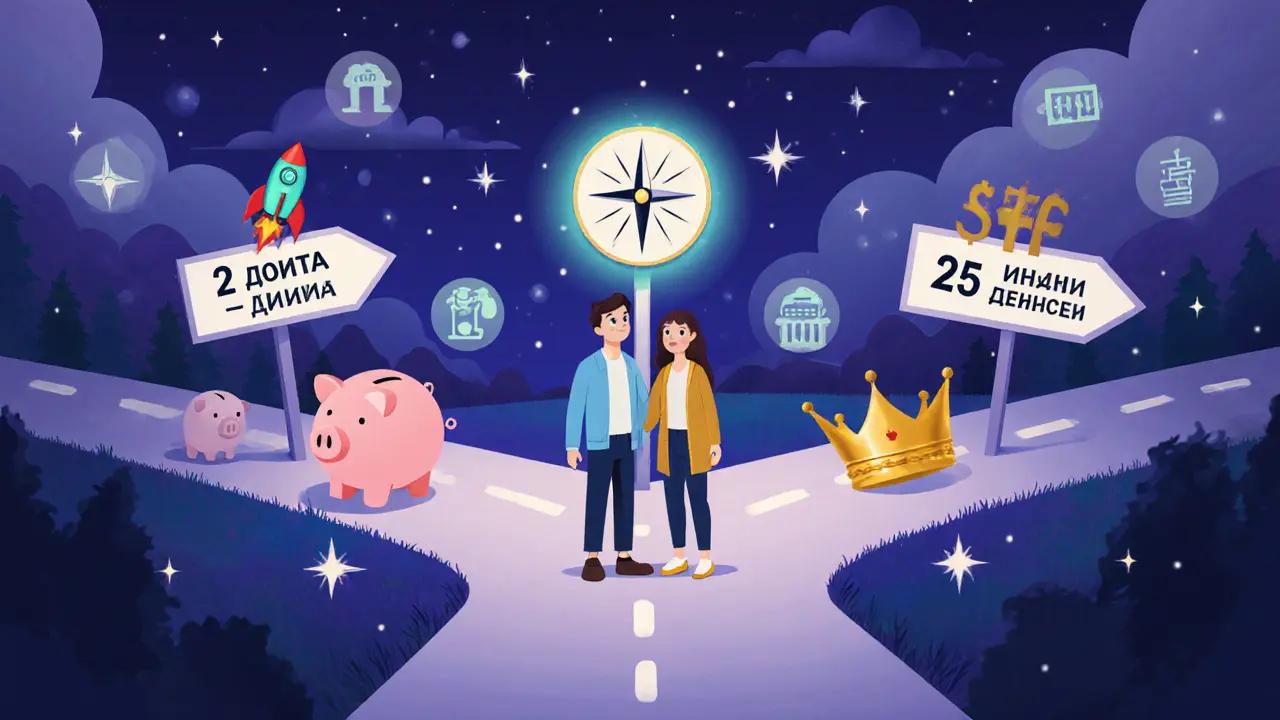 Молодая пара выбирает путь к цели: машина, дача или пенсия, с финансовыми символами вдоль дорог.