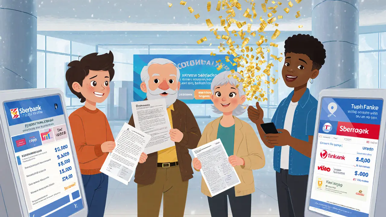 Разные люди в России подают документы на кредит в современном банке с цифровыми экранами.