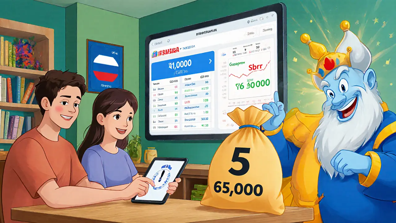 Семья открывает ИИС-3 на планшете, видны российские акции и бонус-мешок