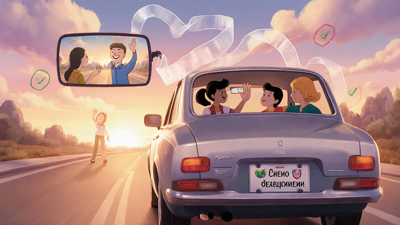 Семья уезжает на новой машине, за ними — цифровая лента с надписью &#039;Деньги переведены&#039;.