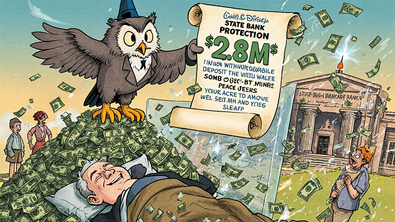 Совенок с указкой показывает на безопасный вклад на 2,8 млн, человек спит спокойно, иллюстрация в стиле Диснея