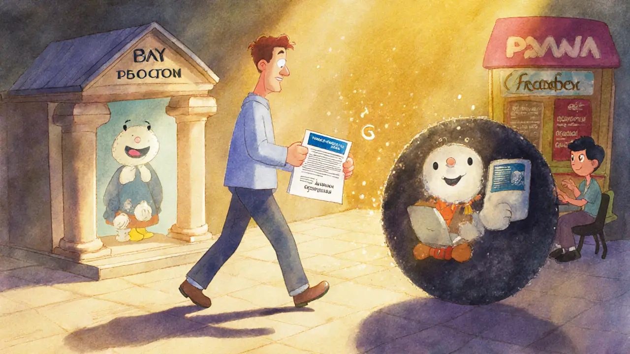 Человек несёт маленький займ, который превращается в огромный снежный ком долга, рядом — альтернативы с тёплым светом.