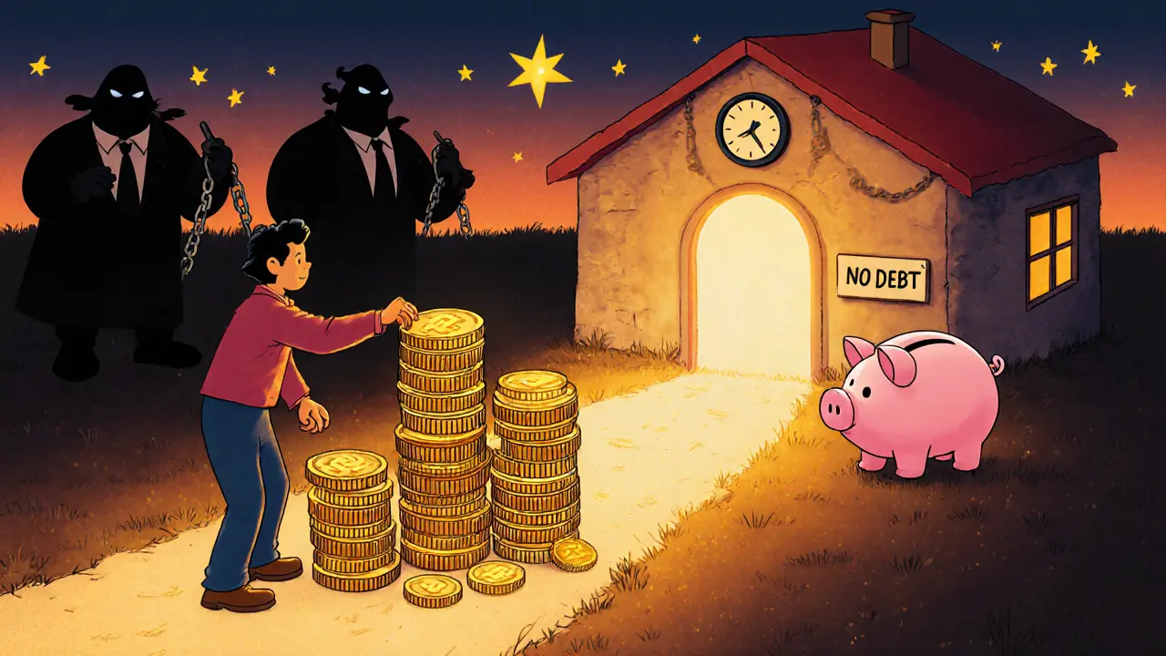 Человек строит защитную стену из монет, тени займов исчезают, впереди — светлый путь к финансовой безопасности.