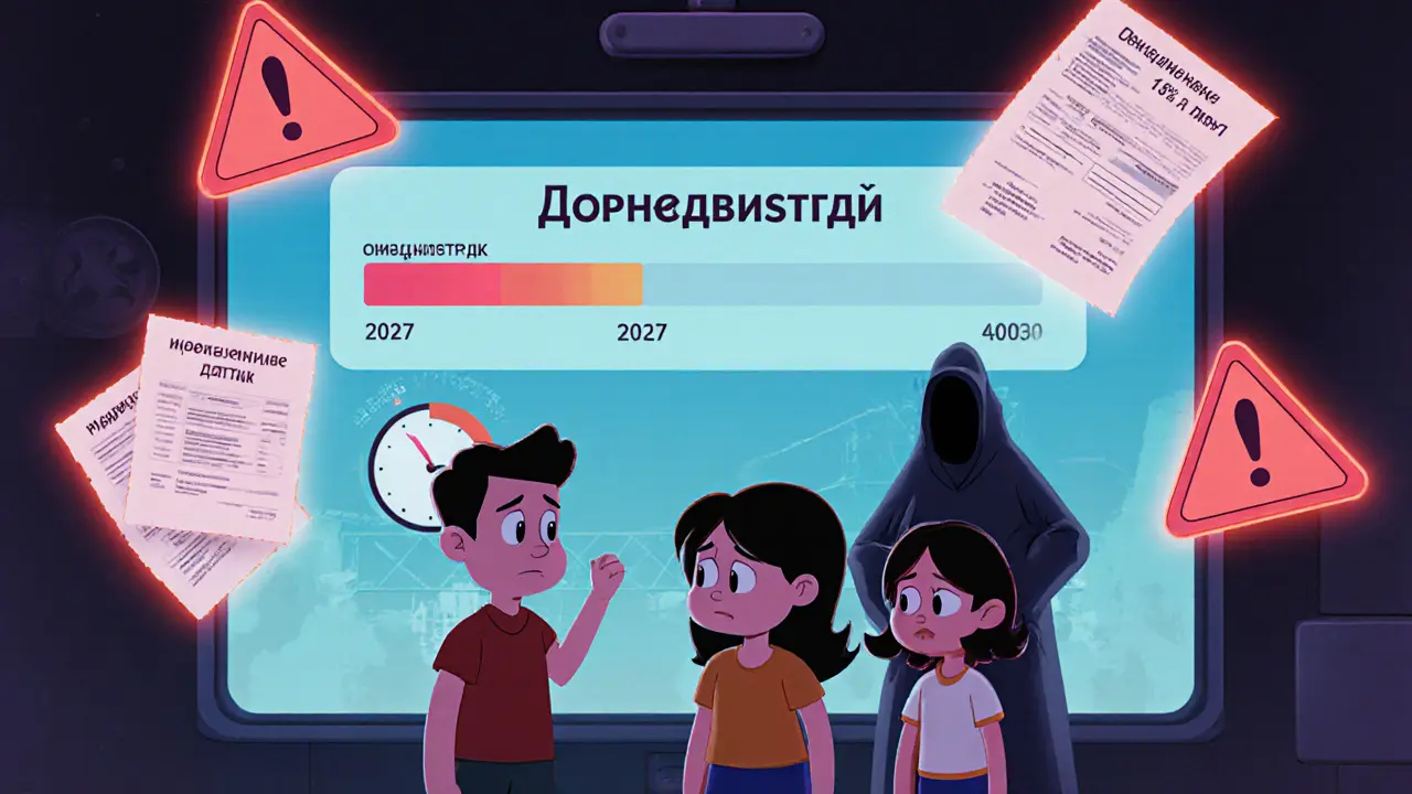 Семья смотрит на экран с графиком сдачи дома 2027 года, вокруг — скрытые долги и предупреждения.
