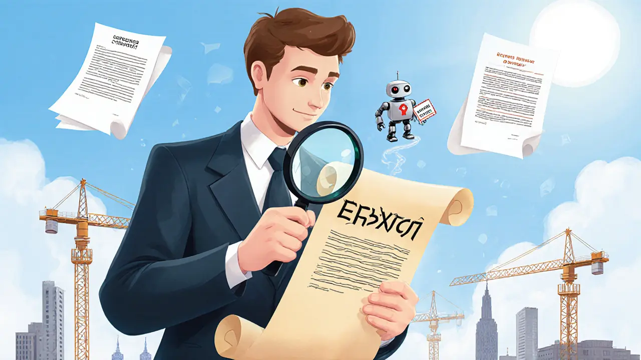 Юрист проверяет договор цессии, вокруг летят документы, робот Росреестра ставит печать одобрения.