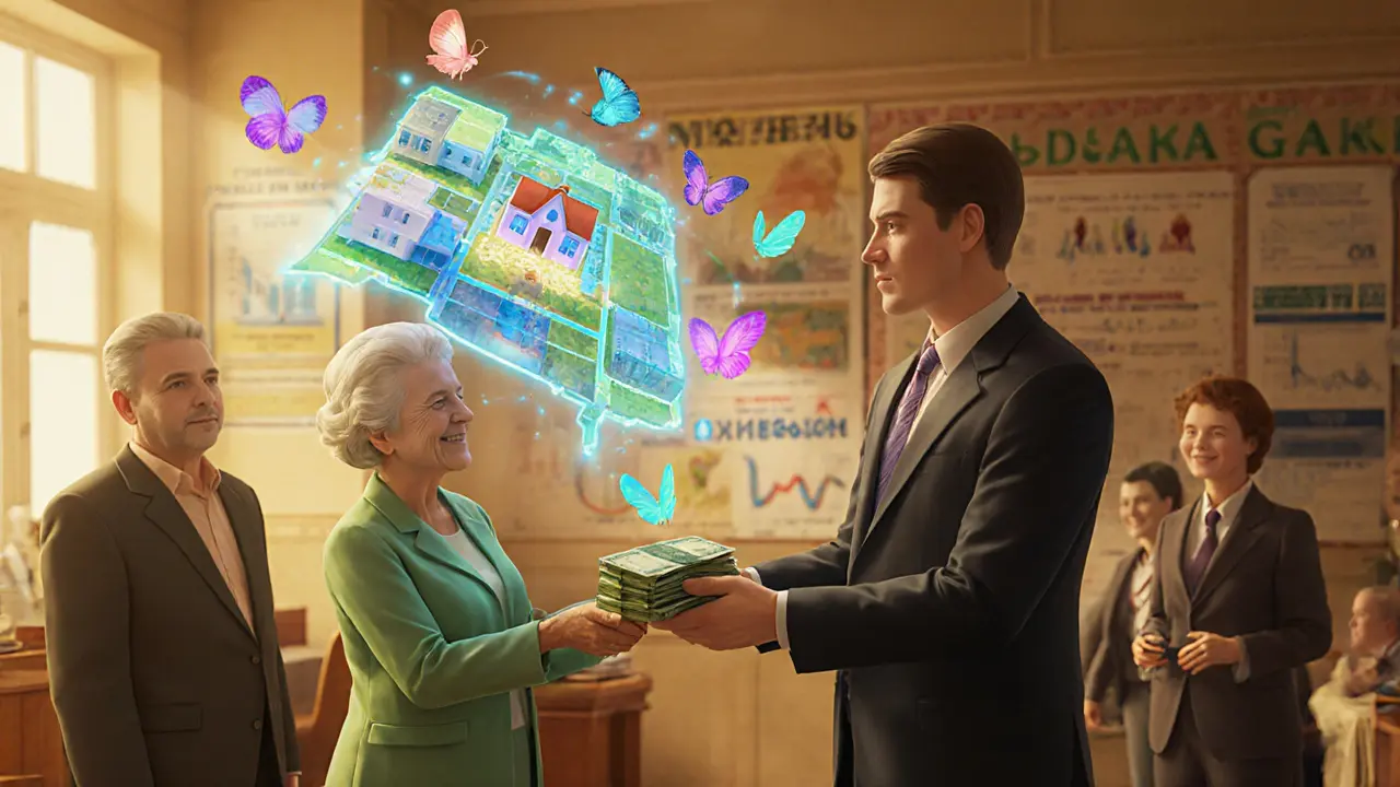 Банкир передаёт деньги паре, а их недвижимость светится на голографической карте.