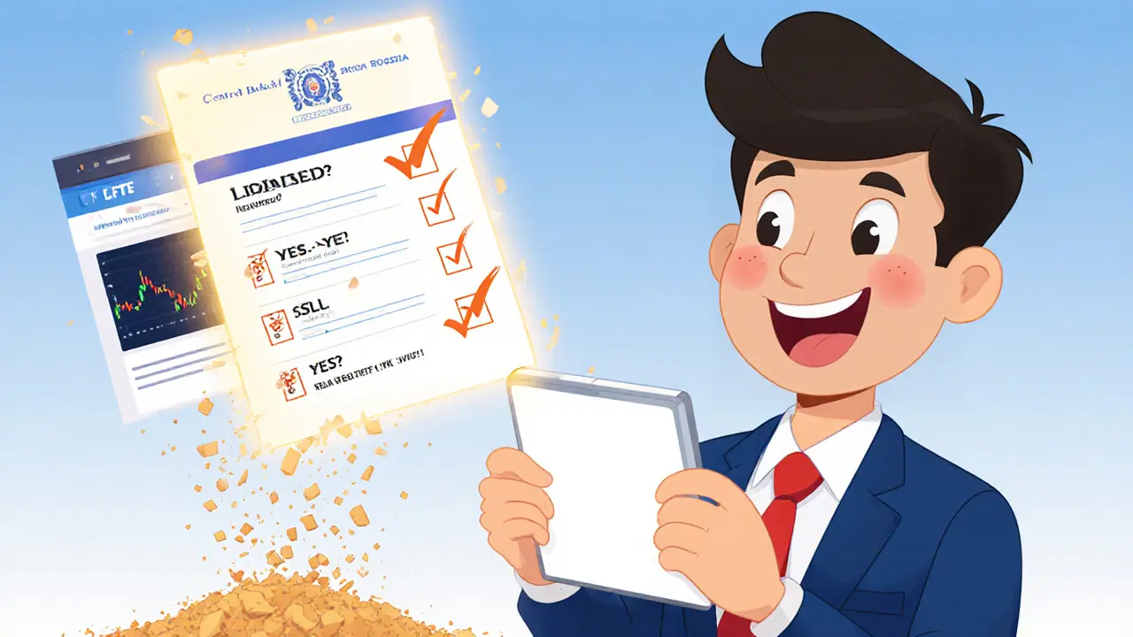 Инвестор проверяет лицензию ЦБ РФ на планшете, рядом — разрушающийся фейковый сайт.