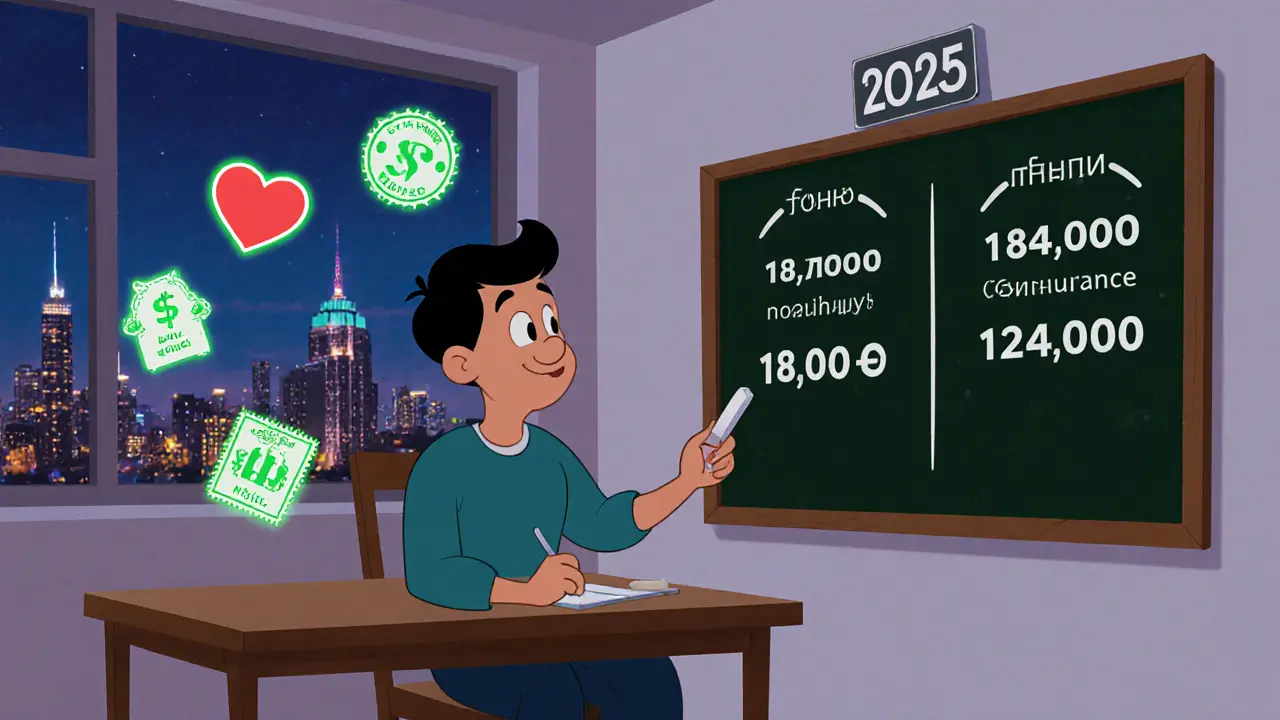 Мужчина считает сбережения на доске, вокруг него светятся значки страховки, зарплаты и электронной регистрации.