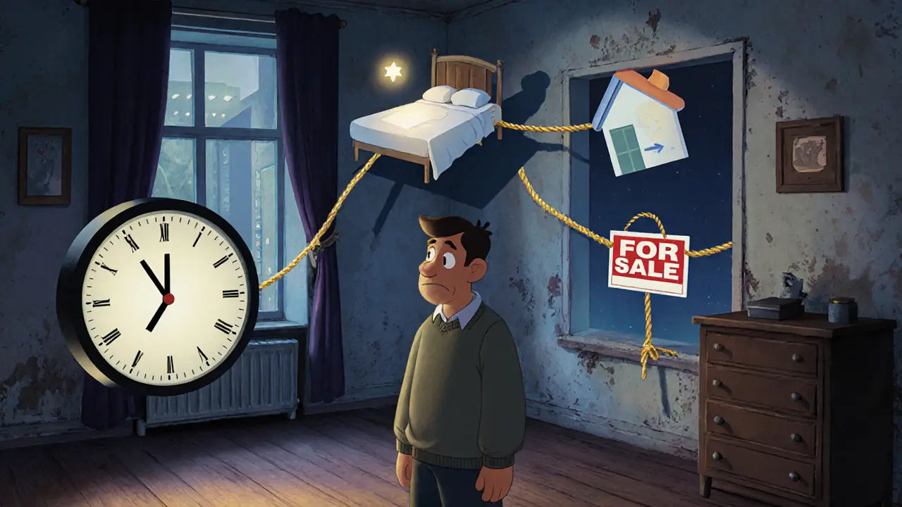 Мужчина в квартире смотрит на часы, а за ним — три будущих сценария, связанных с его домом.