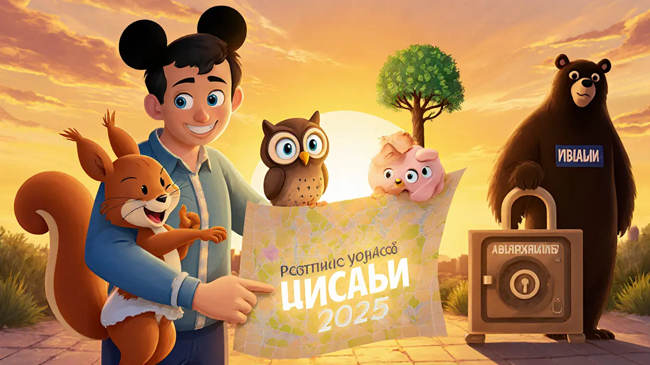 Семья указывает на карту гибких вкладов, перед ними дружелюбные монстры банков, а Сбербанк — в тени с запертым сейфом.