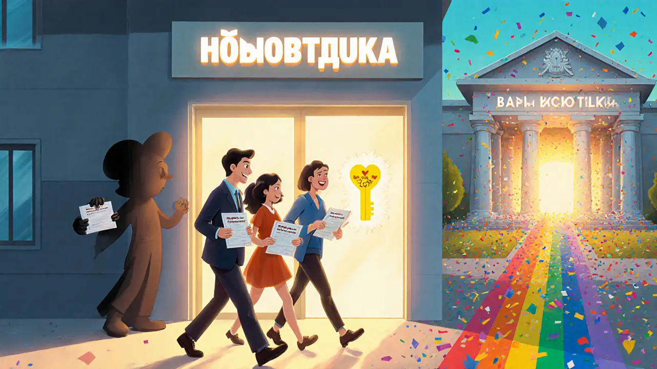 Семья входит в новостройку с документами, за спиной — разрушающийся банк с высокой ставкой.