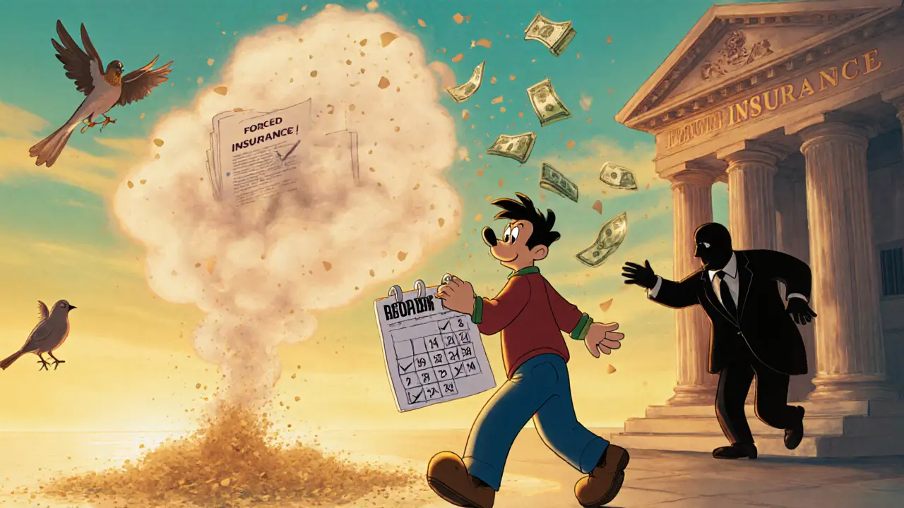 Человек уходит от банка, а над ним падают деньги — символ экономии от отказа от страховки.