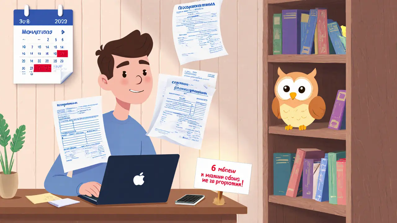 Самозанятый мужчина работает за компьютером, вокруг него летают банковские выписки и декларация 3-НДФЛ, сова смотрит на него одобрительно.