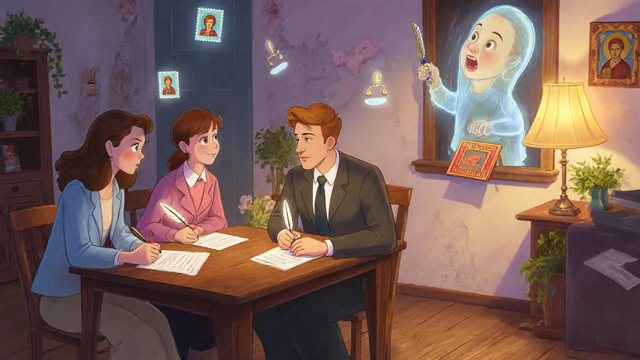 Семья и нотариус подписывают отказ от преимущественного права в уютной комнате