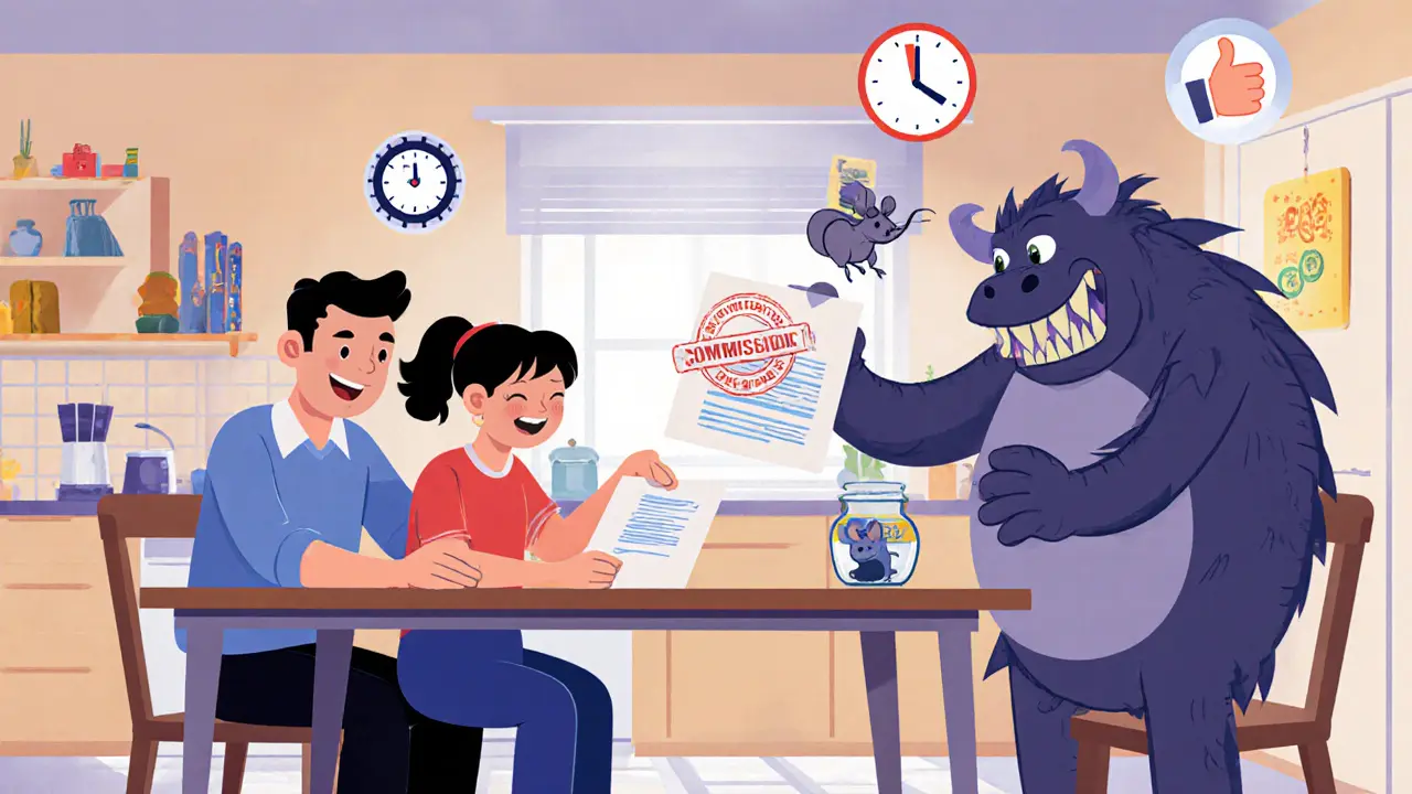 Семья изучает документы, а банк-монстр превращается в мышь — защита прав заемщика.