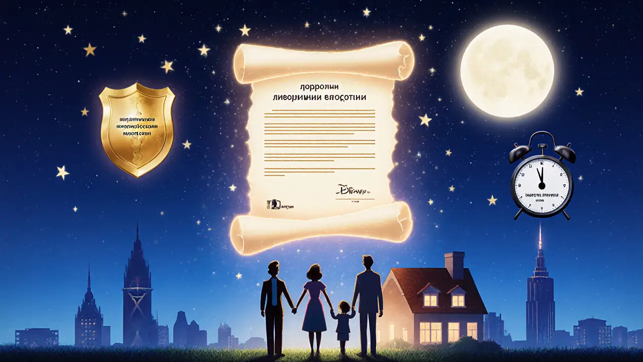 Семья стоит перед домом, над ними светится кредитный договор, вокруг — символы стабильности: залог, хорошая кредитная история и Госуслуги.