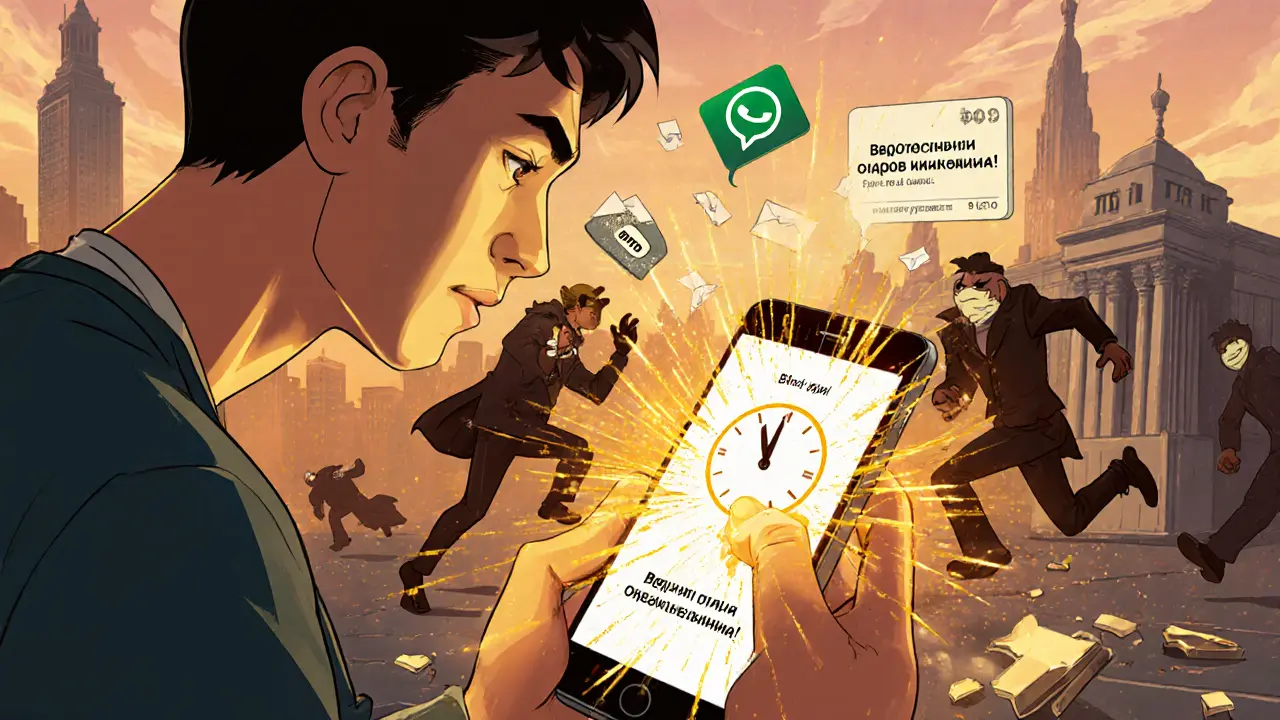 Человек блокирует карту на телефоне, золотой свет и убегающие мошенники вокруг.