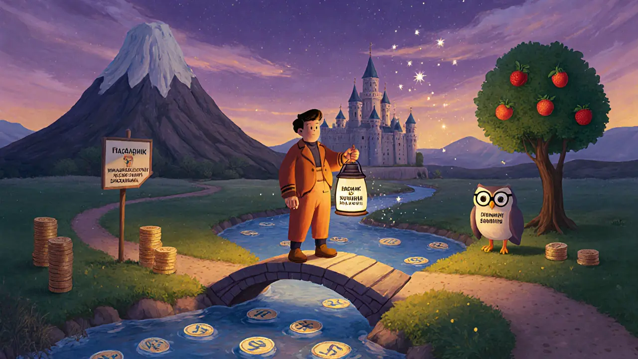 Человек идет по мосту к финансовой свободе, держа фонарь &#039;Запасного дня&#039;, вокруг — символы сбережений и роста.