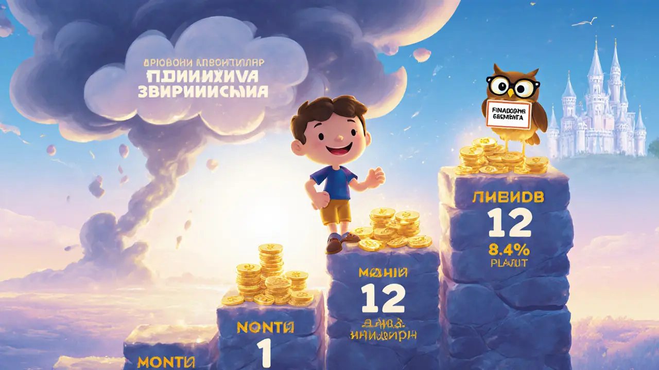 Человек идет по пути к финансовой свободе, каждый шаг — месяц накоплений, впереди — замок, позади — облако инфляции.