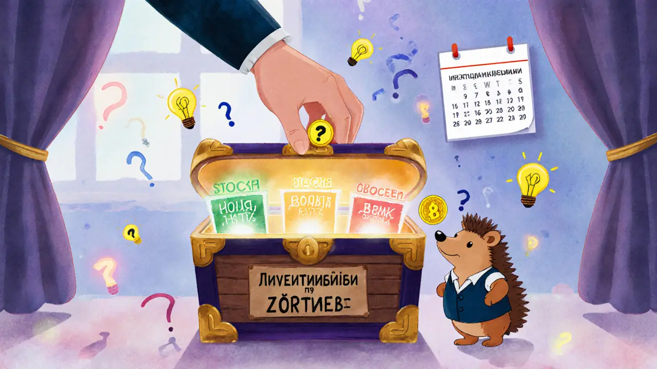 Человек кладет активы в сундук с разделами ETF, акции, облигации, наличные, рядом ежик добавляет деньги.