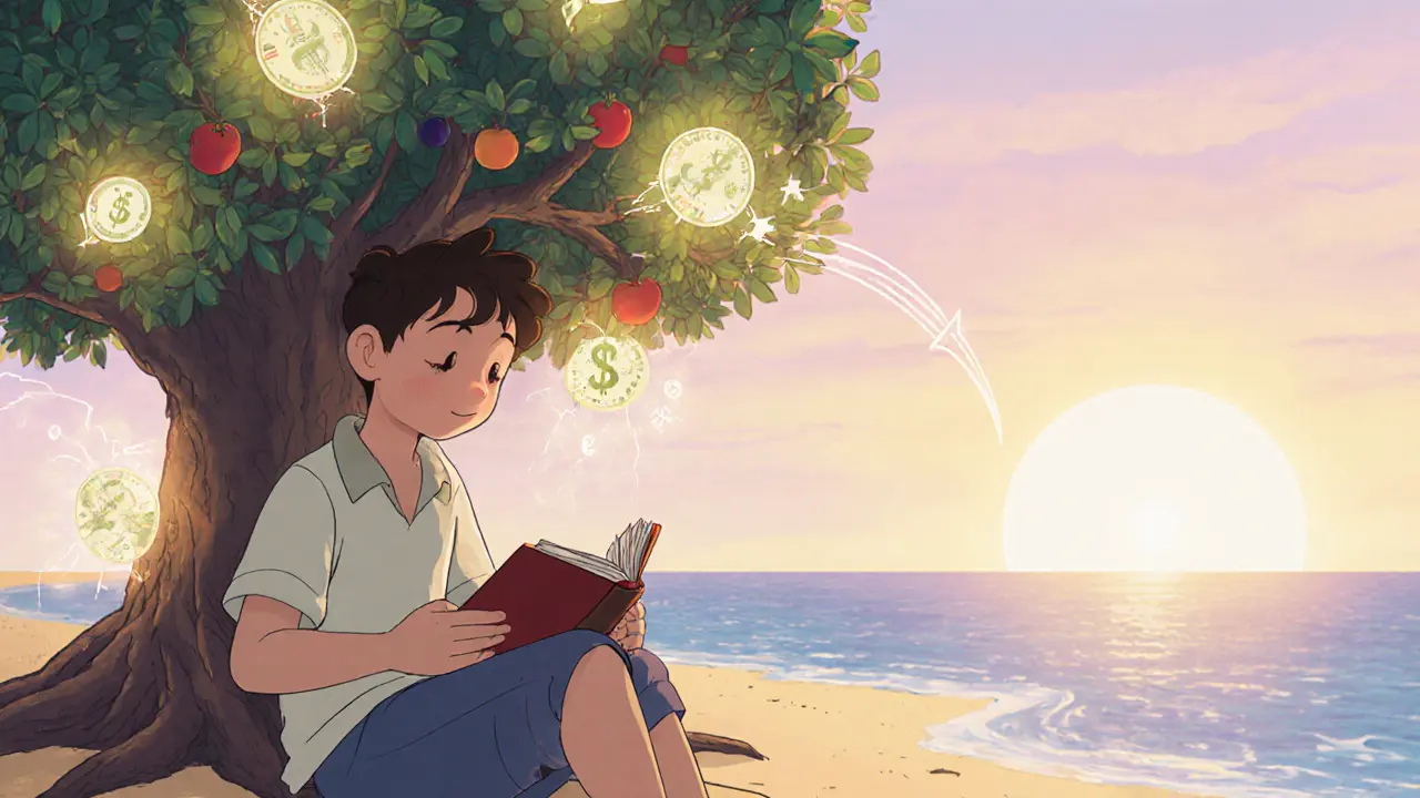 Человек на пляже читает книгу, а за ним растет дерево с денежными листьями и потоками дохода.