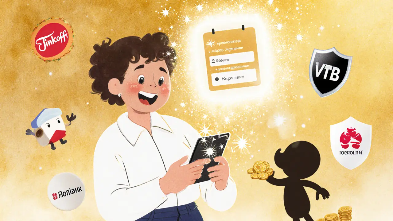Человек настраивает банковское приложение, магические искры летят в сберегательный счет, вокруг — дружелюбные банки.