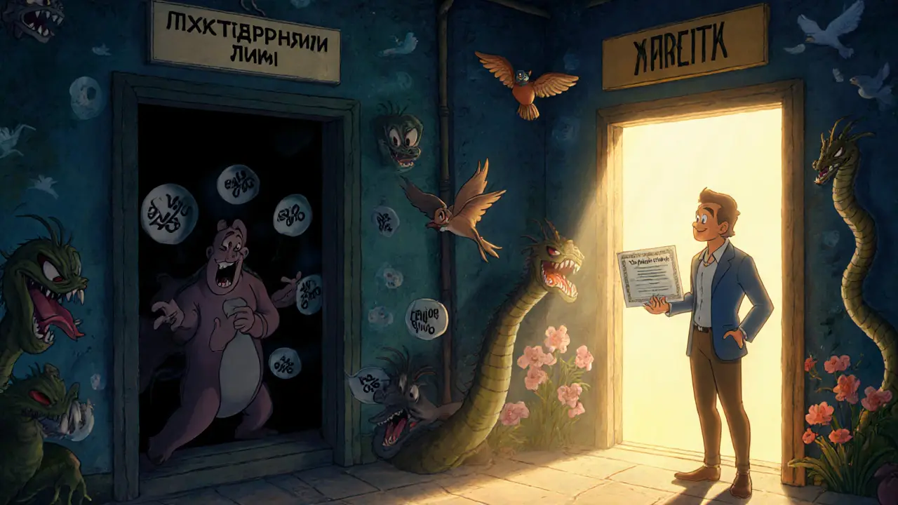 Человек переходит от темного мира долгов к светлому миру кредита с защитой и надеждой.